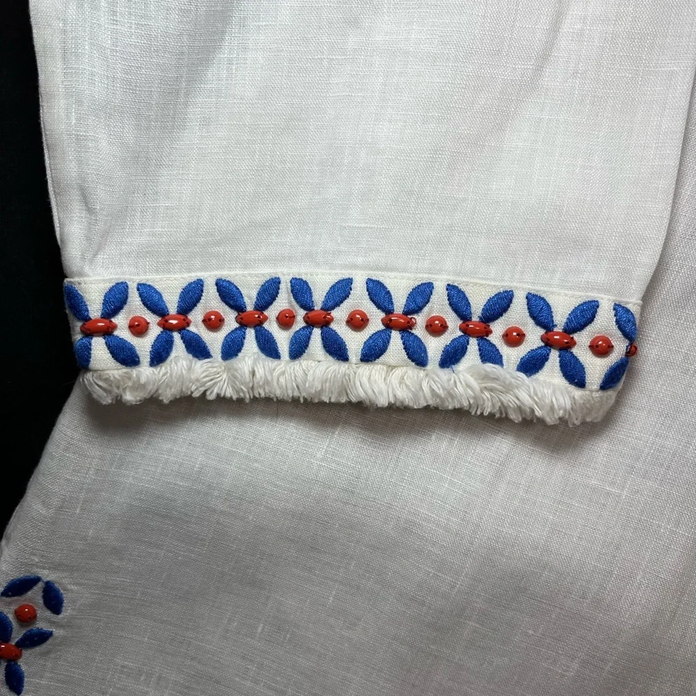 Tory Burch White Linen Tunic with Blue & Red Bead Work - Picture 3 of 6